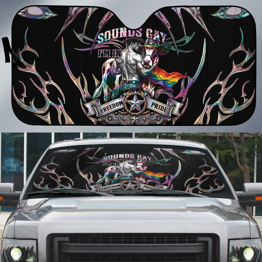 Cowboy Pride Month Sounds Gay Im in Auto Sun Shade Y2K Tribal Chrome With Rainbow Scarf Cow Version 2