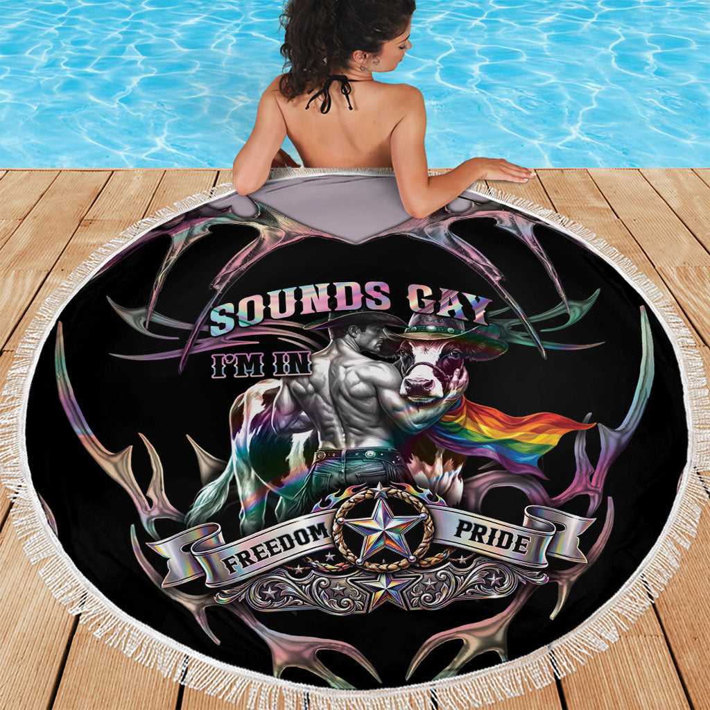 Cowboy Pride Month Sounds Gay Im in Beach Blanket Y2K Tribal Chrome With Rainbow Scarf Cow Version 2