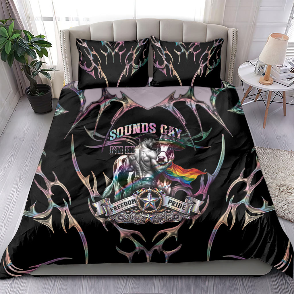 Cowboy Pride Month Sounds Gay Im in Bedding Set Y2K Tribal Chrome With Rainbow Scarf Cow Version 2