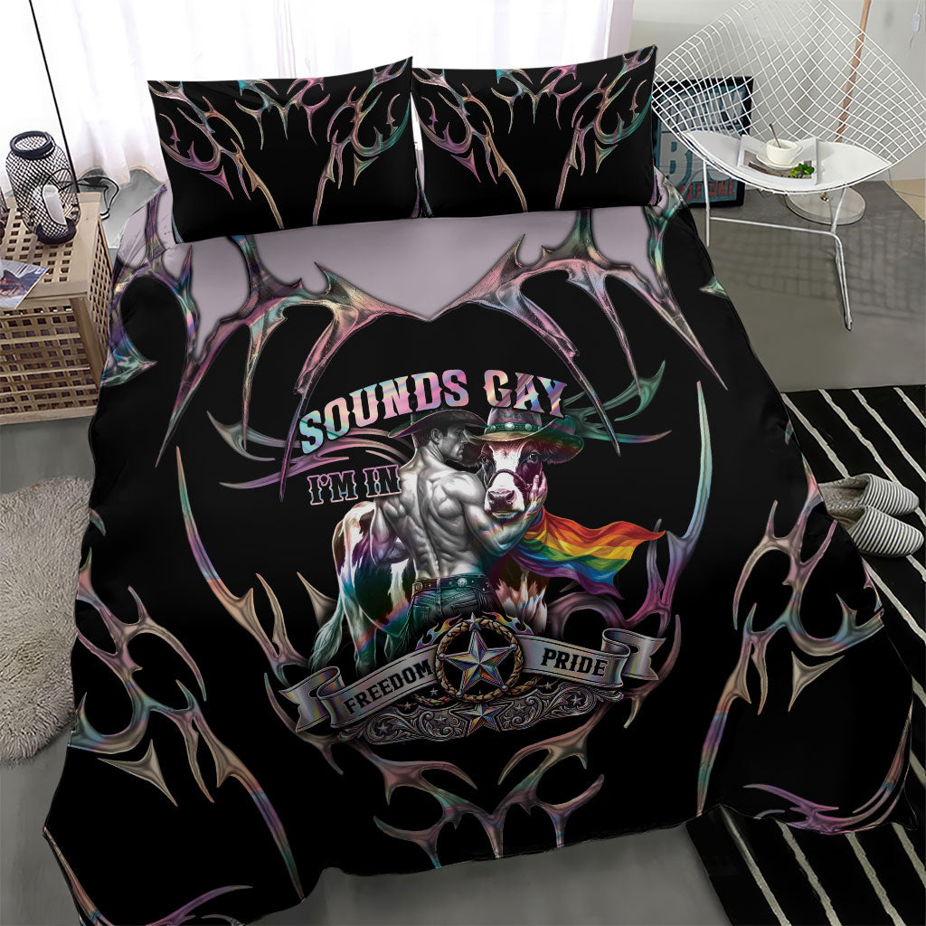 Cowboy Pride Month Sounds Gay Im in Bedding Set Y2K Tribal Chrome With Rainbow Scarf Cow Version 2