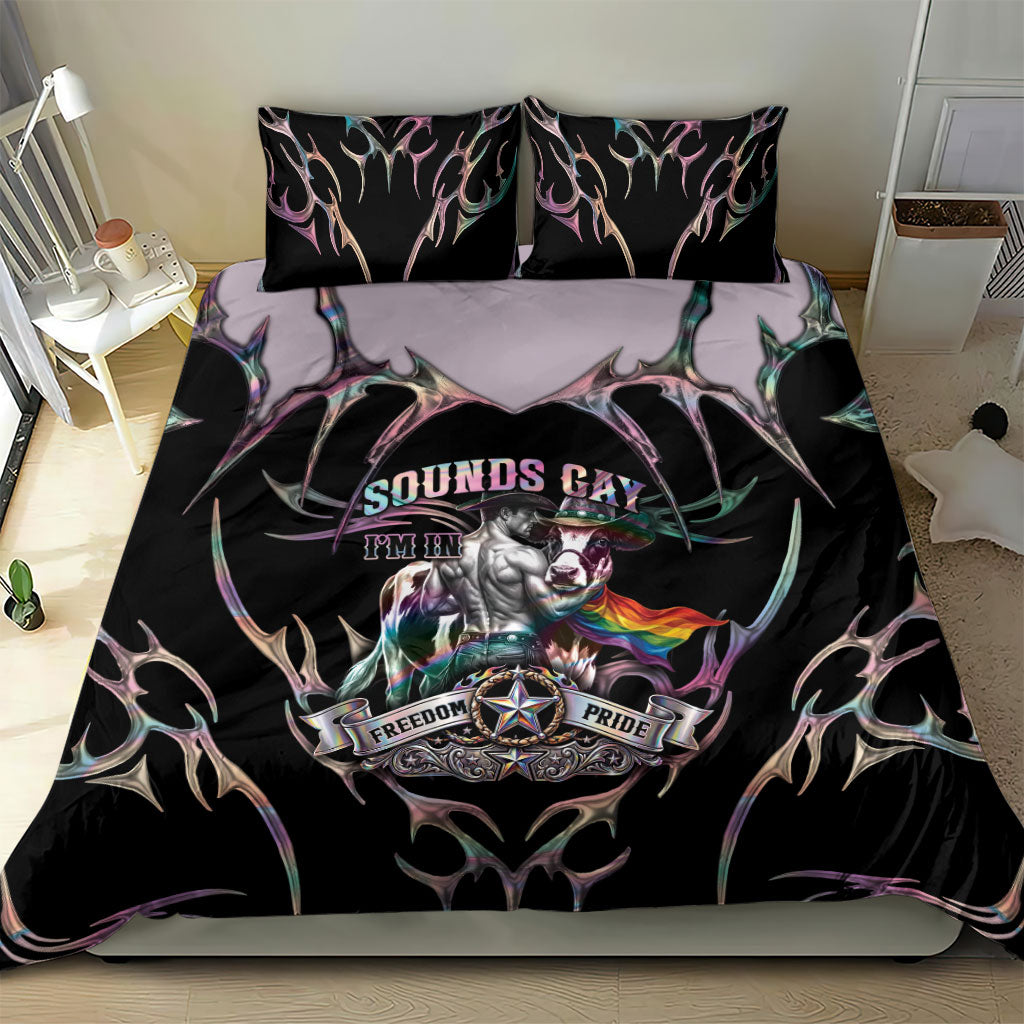 Cowboy Pride Month Sounds Gay Im in Bedding Set Y2K Tribal Chrome With Rainbow Scarf Cow Version 2