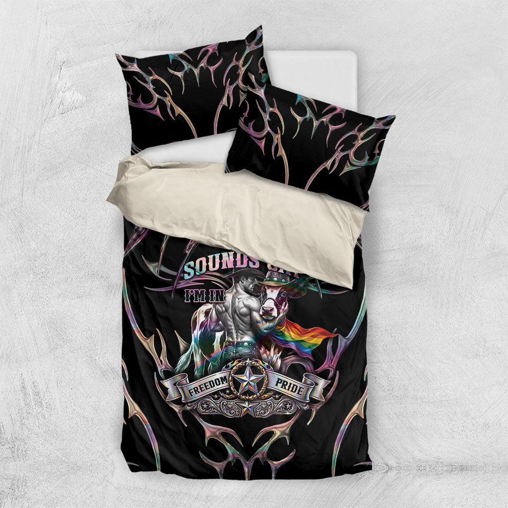 Cowboy Pride Month Sounds Gay Im in Bedding Set Y2K Tribal Chrome With Rainbow Scarf Cow Version 2