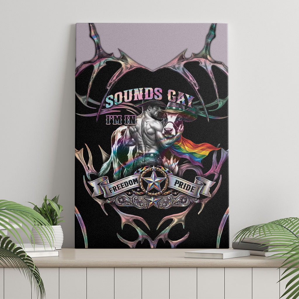 Cowboy Pride Month Sounds Gay Im in Canvas Wall Art Y2K Tribal Chrome With Rainbow Scarf Cow Version 2