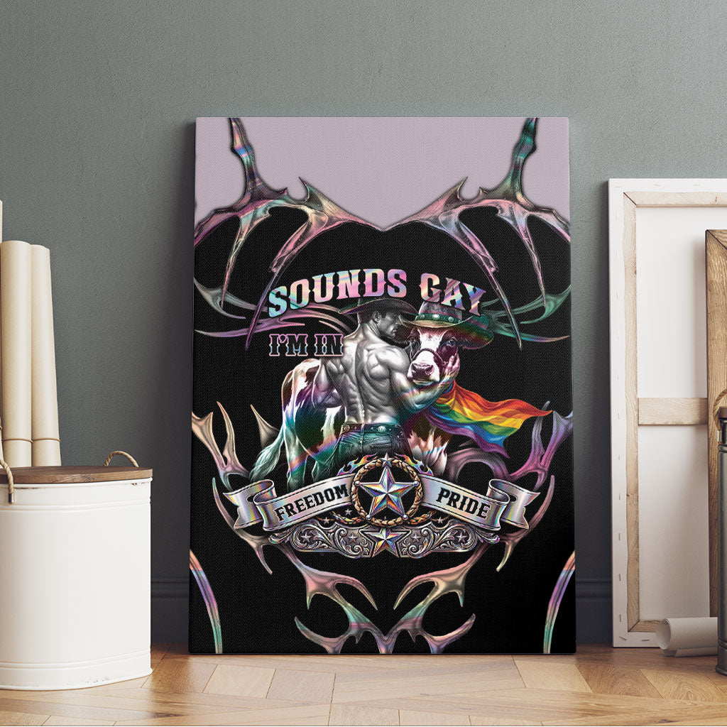 Cowboy Pride Month Sounds Gay Im in Canvas Wall Art Y2K Tribal Chrome With Rainbow Scarf Cow Version 2