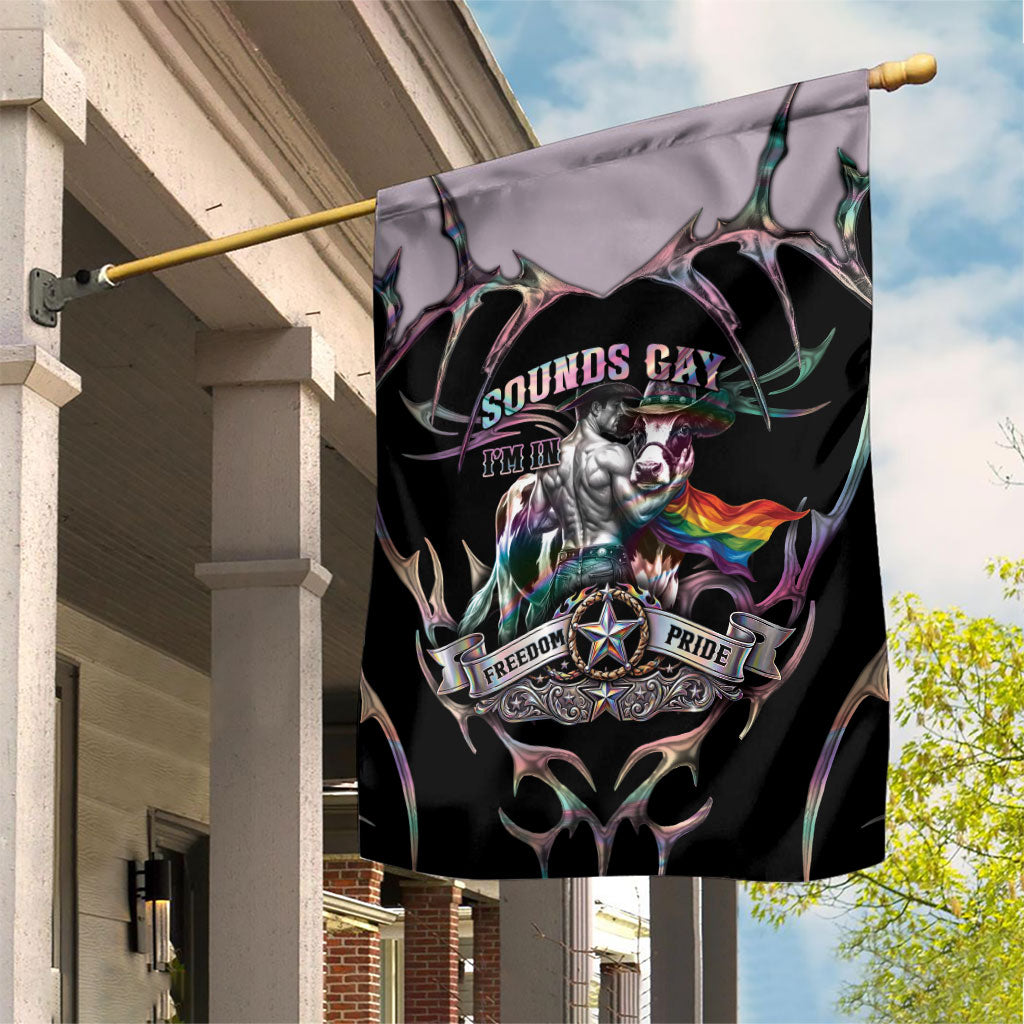Cowboy Pride Month Sounds Gay Im in Garden Flag Y2K Tribal Chrome With Rainbow Scarf Cow Version 2
