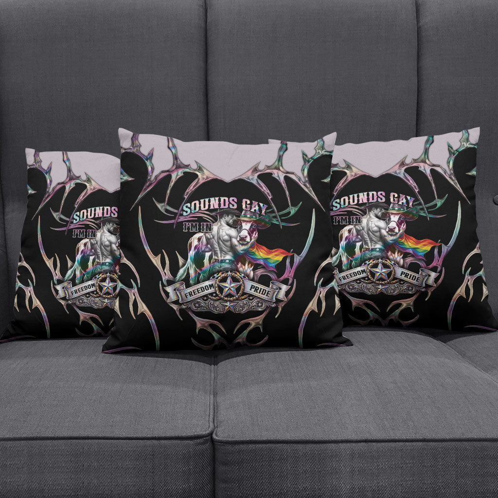 Cowboy Pride Month Sounds Gay Im in Pillow Cover Y2K Tribal Chrome With Rainbow Scarf Cow Version 2