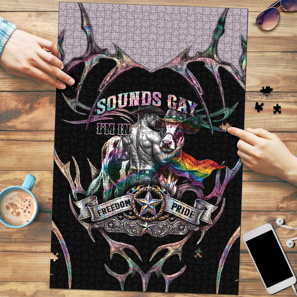Cowboy Pride Month Sounds Gay Im in Puzzle Y2K Tribal Chrome With Rainbow Scarf Cow Version 2