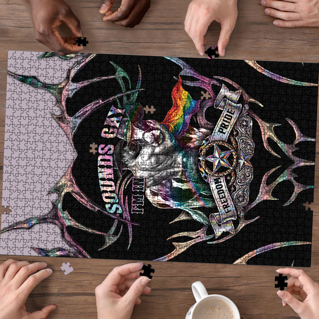 Cowboy Pride Month Sounds Gay Im in Puzzle Y2K Tribal Chrome With Rainbow Scarf Cow Version 2