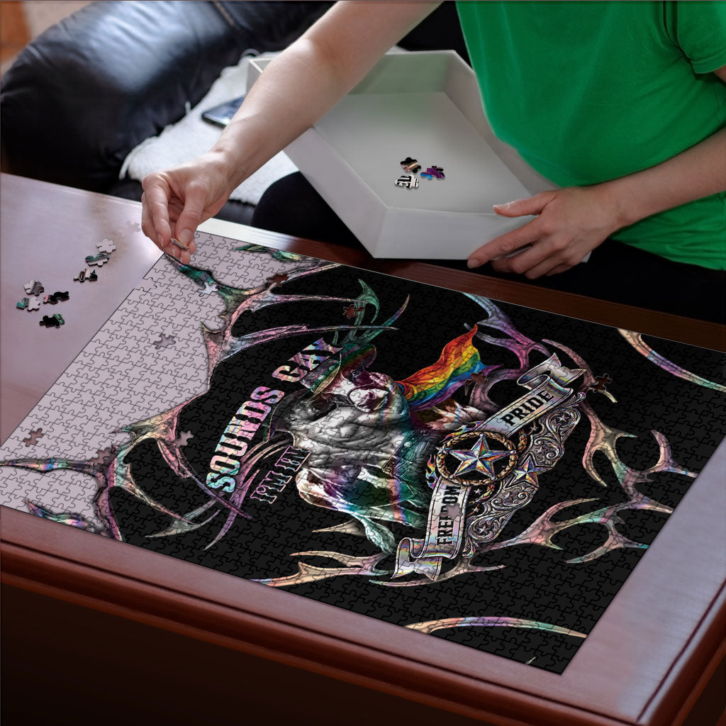 Cowboy Pride Month Sounds Gay Im in Puzzle Y2K Tribal Chrome With Rainbow Scarf Cow Version 2