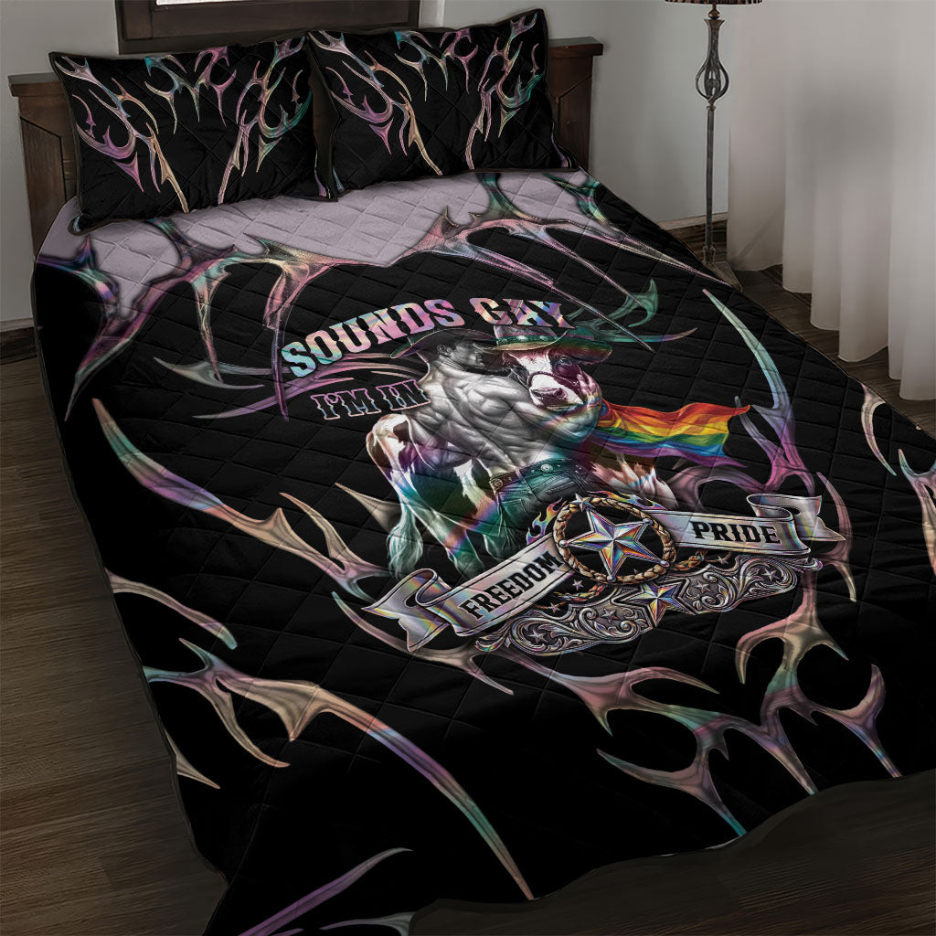 Cowboy Pride Month Sounds Gay Im in Quilt Bed Set Y2K Tribal Chrome With Rainbow Scarf Cow Version 2