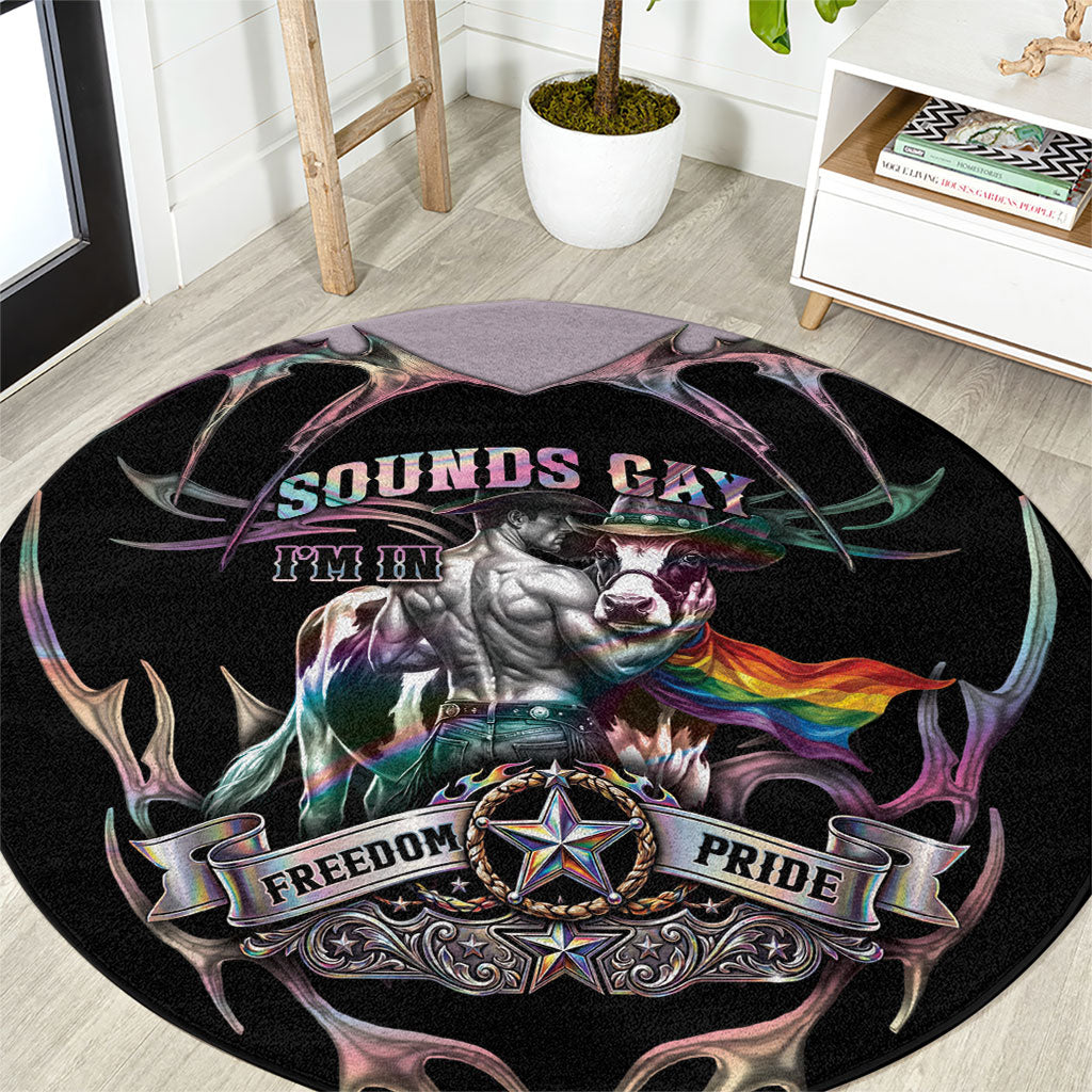 Cowboy Pride Month Sounds Gay Im in Round Carpet Y2K Tribal Chrome With Rainbow Scarf Cow Version 2
