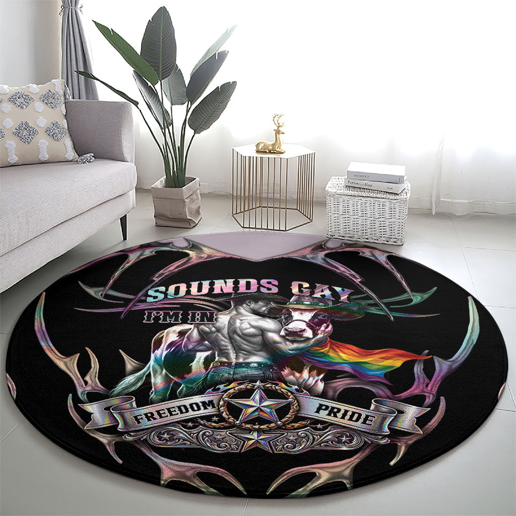 Cowboy Pride Month Sounds Gay Im in Round Carpet Y2K Tribal Chrome With Rainbow Scarf Cow Version 2