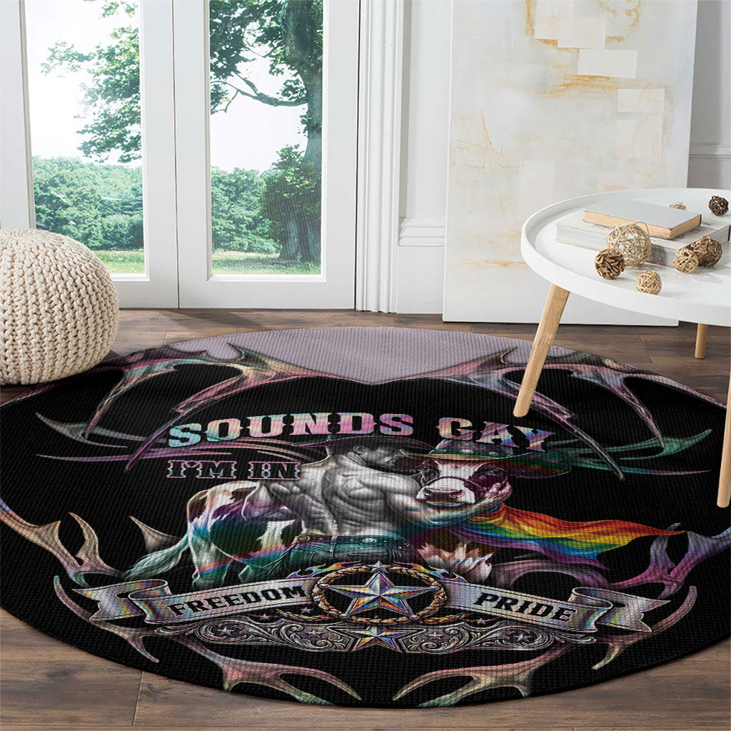 Cowboy Pride Month Sounds Gay Im in Round Carpet Y2K Tribal Chrome With Rainbow Scarf Cow Version 2