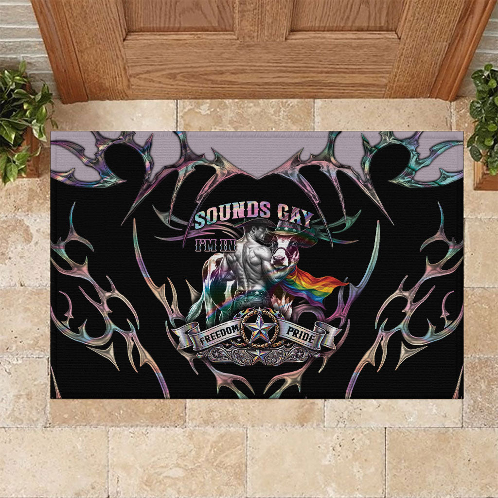 Cowboy Pride Month Sounds Gay Im in Rubber Doormat Y2K Tribal Chrome With Rainbow Scarf Cow Version 2