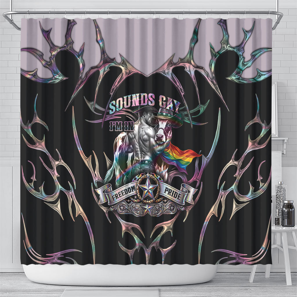 Cowboy Pride Month Sounds Gay Im in Shower Curtain Y2K Tribal Chrome With Rainbow Scarf Cow Version 2
