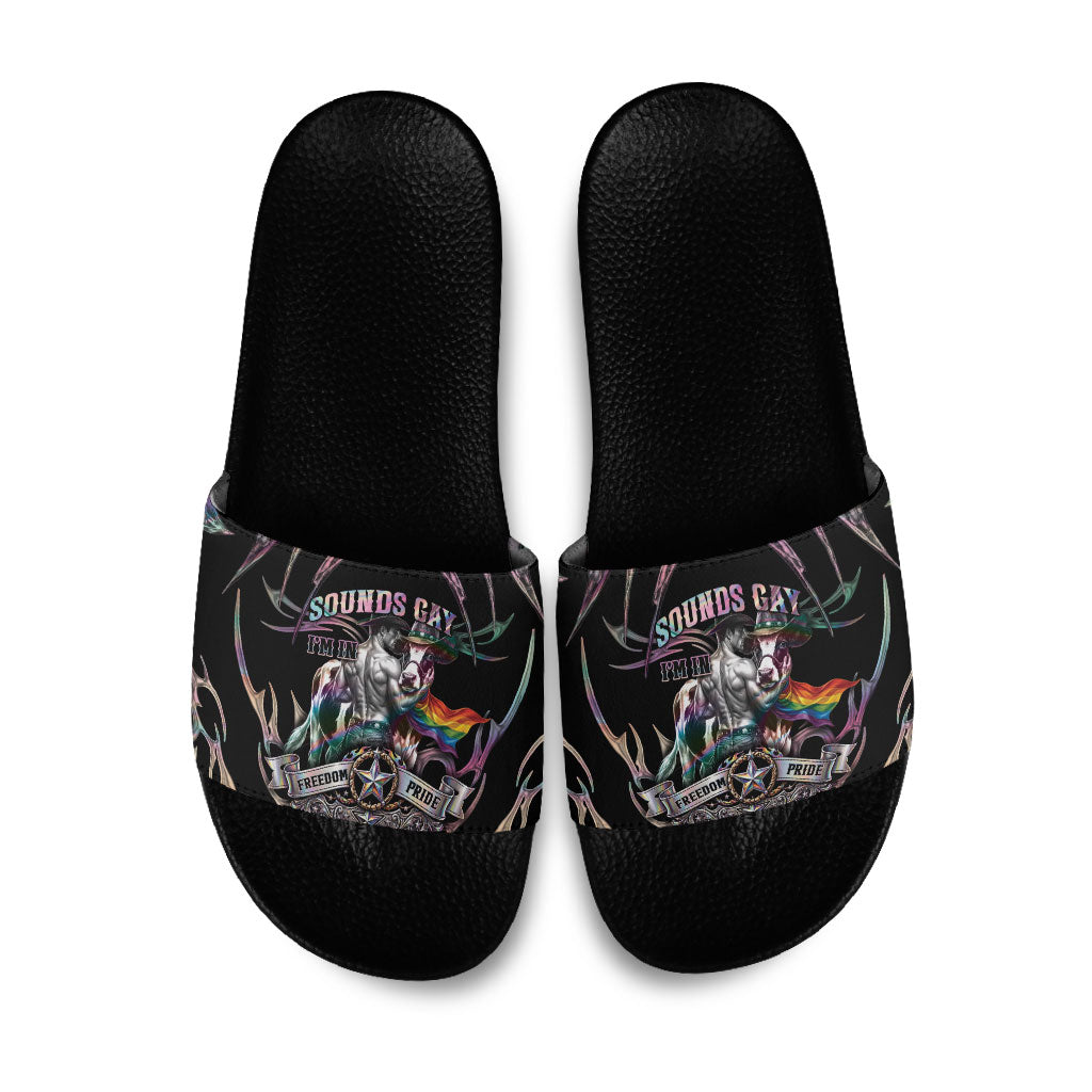 Cowboy Pride Month Sounds Gay Im in Slide Sandals Y2K Tribal Chrome With Rainbow Scarf Cow Version 2