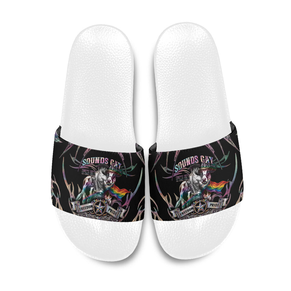 Cowboy Pride Month Sounds Gay Im in Slide Sandals Y2K Tribal Chrome With Rainbow Scarf Cow Version 2