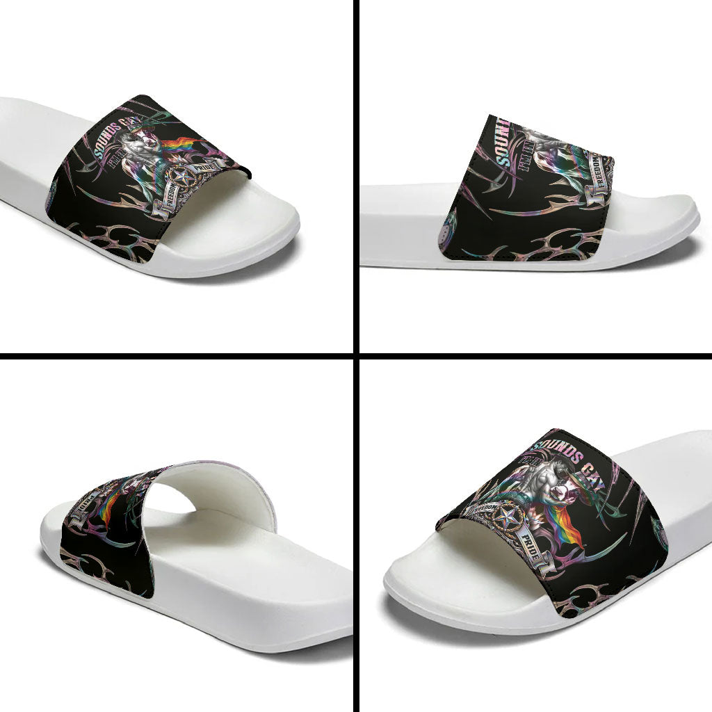 Cowboy Pride Month Sounds Gay Im in Slide Sandals Y2K Tribal Chrome With Rainbow Scarf Cow Version 2