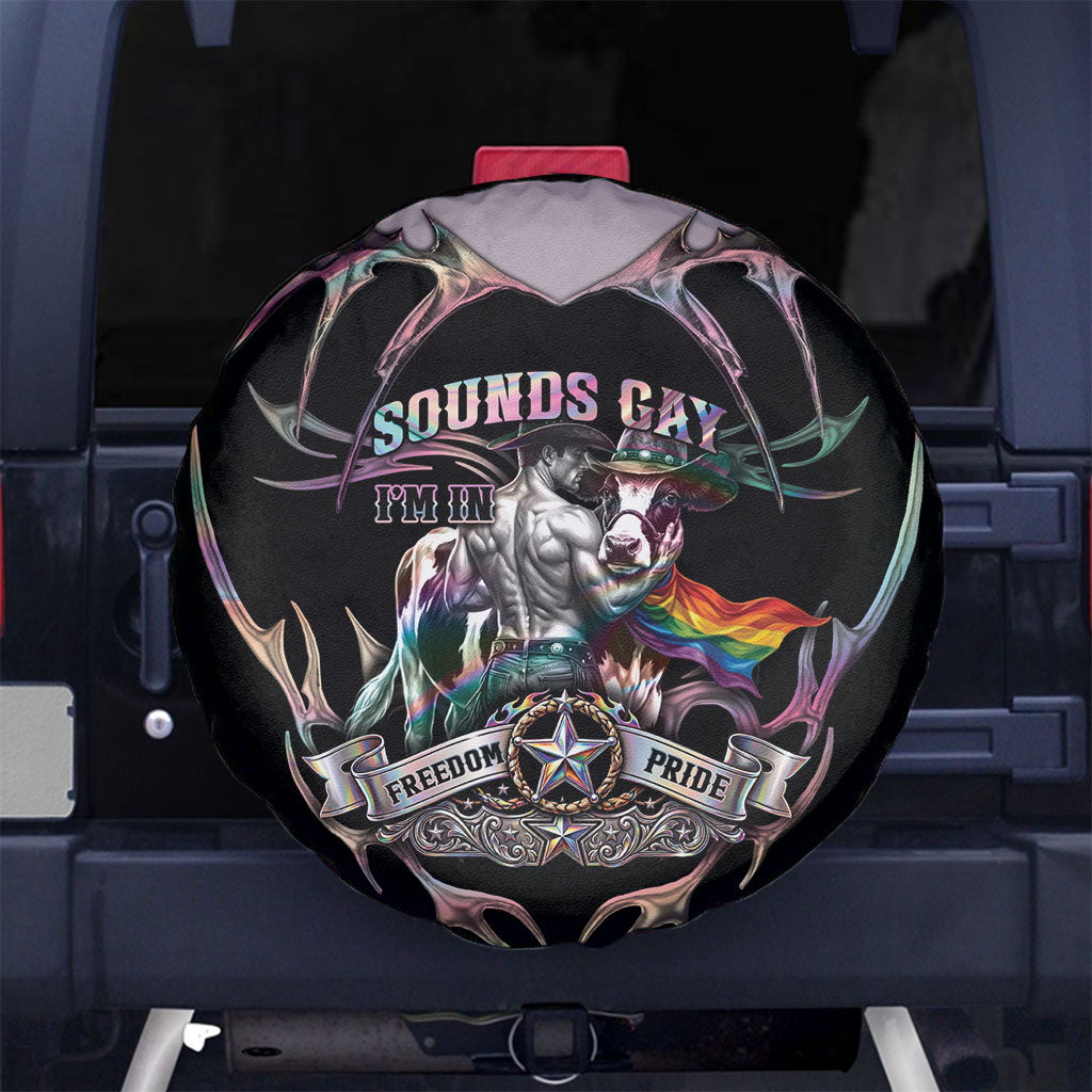 Cowboy Pride Month Sounds Gay Im in Spare Tire Cover Y2K Tribal Chrome With Rainbow Scarf Cow Version 2