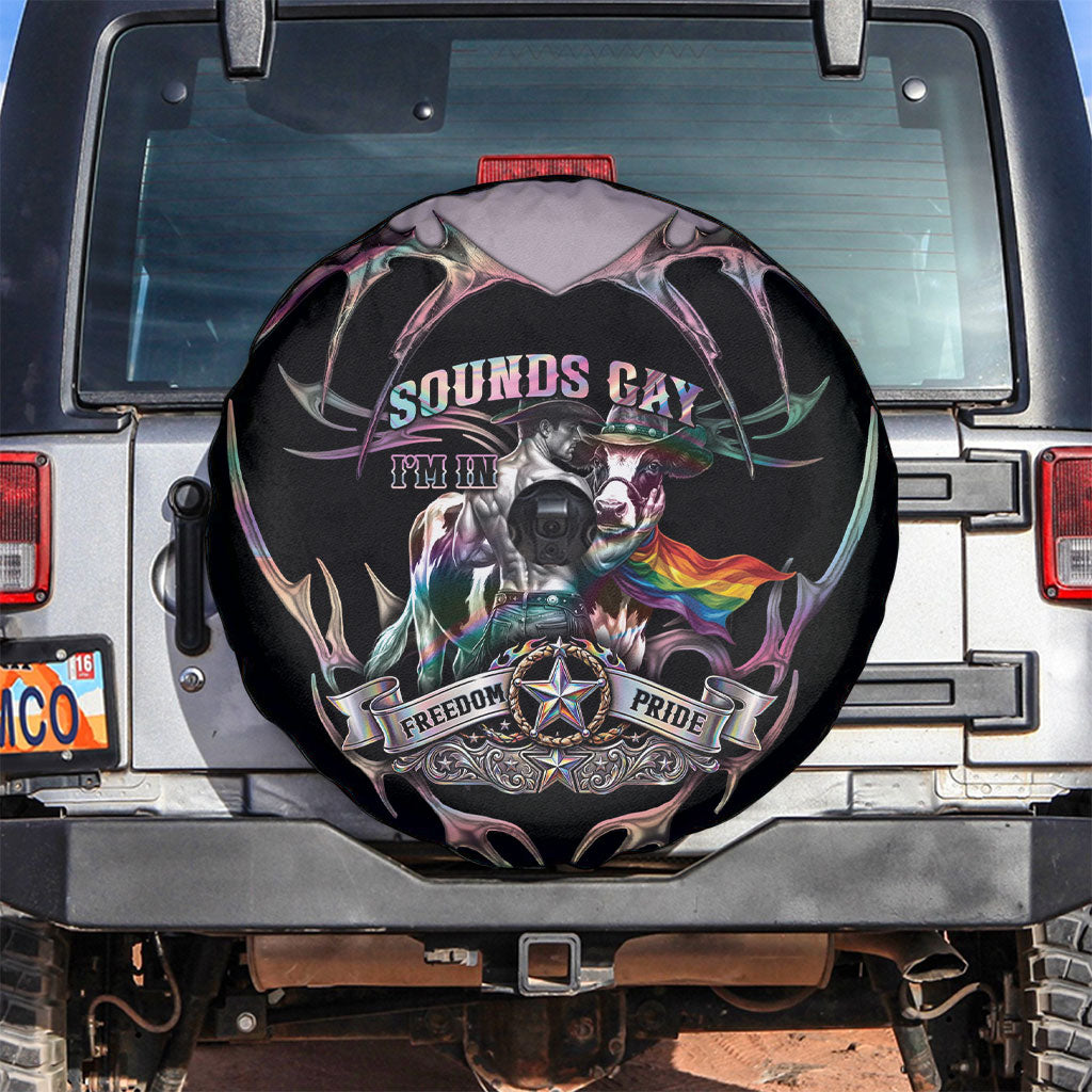 Cowboy Pride Month Sounds Gay Im in Spare Tire Cover Y2K Tribal Chrome With Rainbow Scarf Cow Version 2