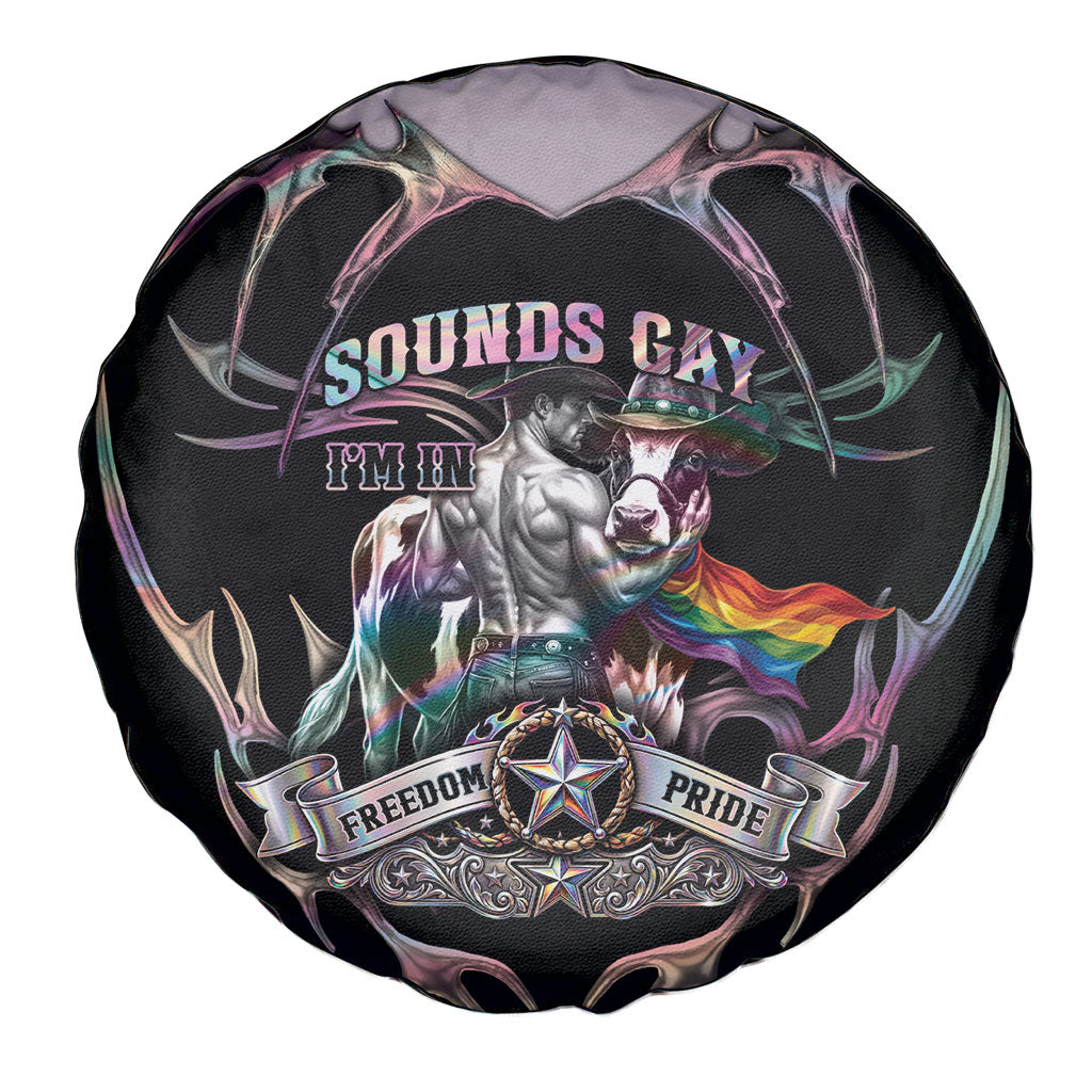 Cowboy Pride Month Sounds Gay Im in Spare Tire Cover Y2K Tribal Chrome With Rainbow Scarf Cow Version 2