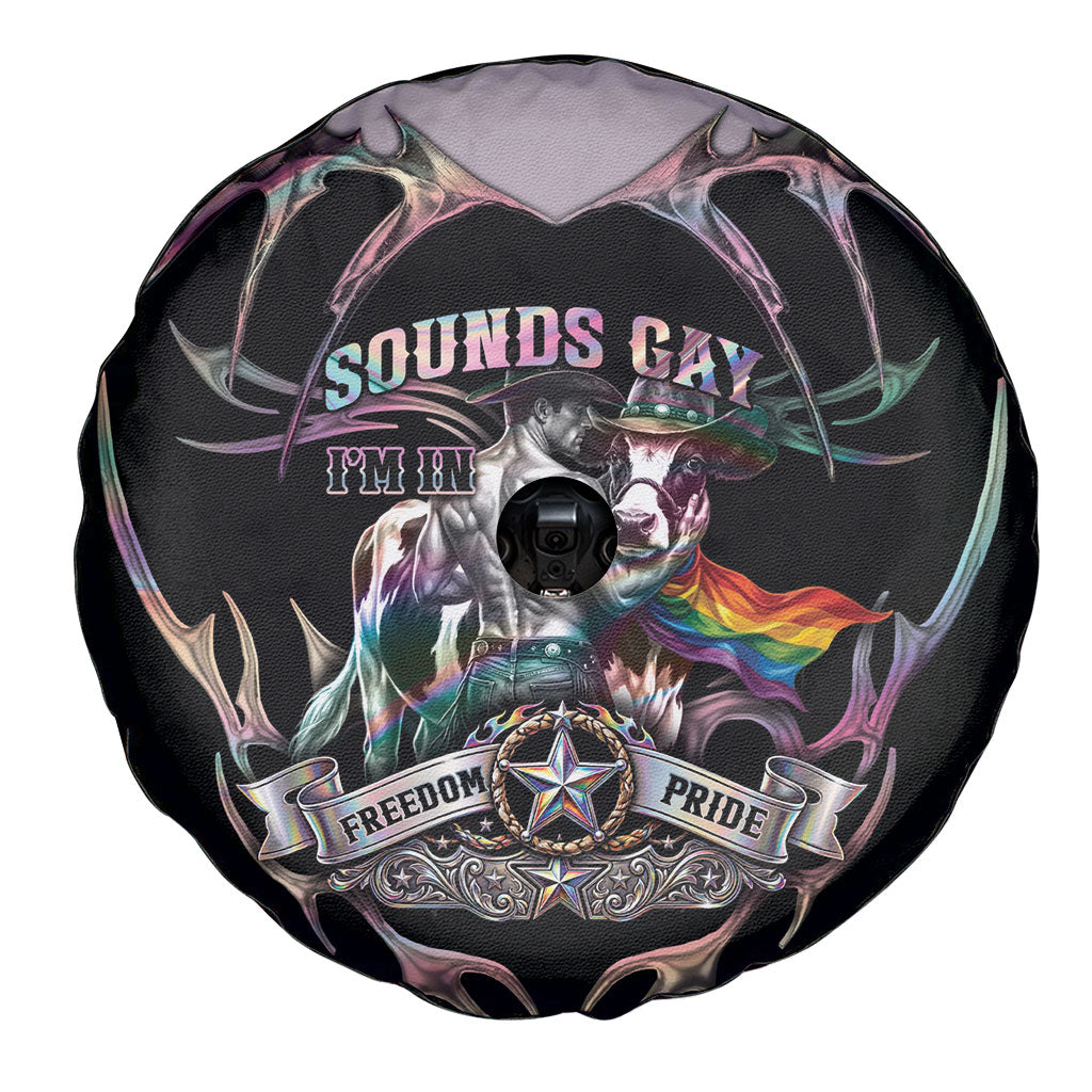Cowboy Pride Month Sounds Gay Im in Spare Tire Cover Y2K Tribal Chrome With Rainbow Scarf Cow Version 2