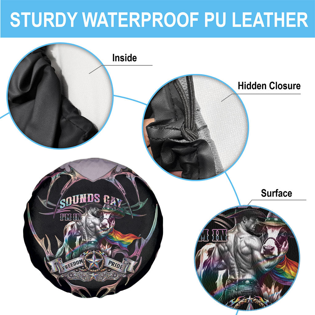 Cowboy Pride Month Sounds Gay Im in Spare Tire Cover Y2K Tribal Chrome With Rainbow Scarf Cow Version 2