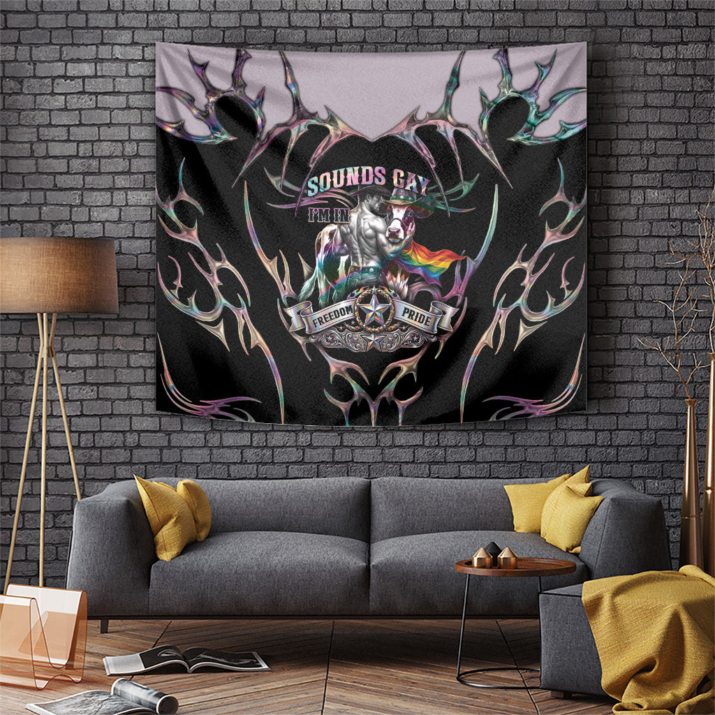 Cowboy Pride Month Sounds Gay Im in Tapestry Y2K Tribal Chrome With Rainbow Scarf Cow Version 2