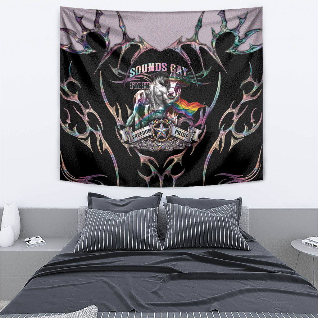 Cowboy Pride Month Sounds Gay Im in Tapestry Y2K Tribal Chrome With Rainbow Scarf Cow Version 2