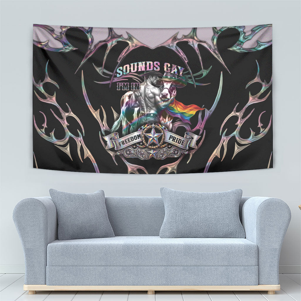 Cowboy Pride Month Sounds Gay Im in Tapestry Y2K Tribal Chrome With Rainbow Scarf Cow Version 2