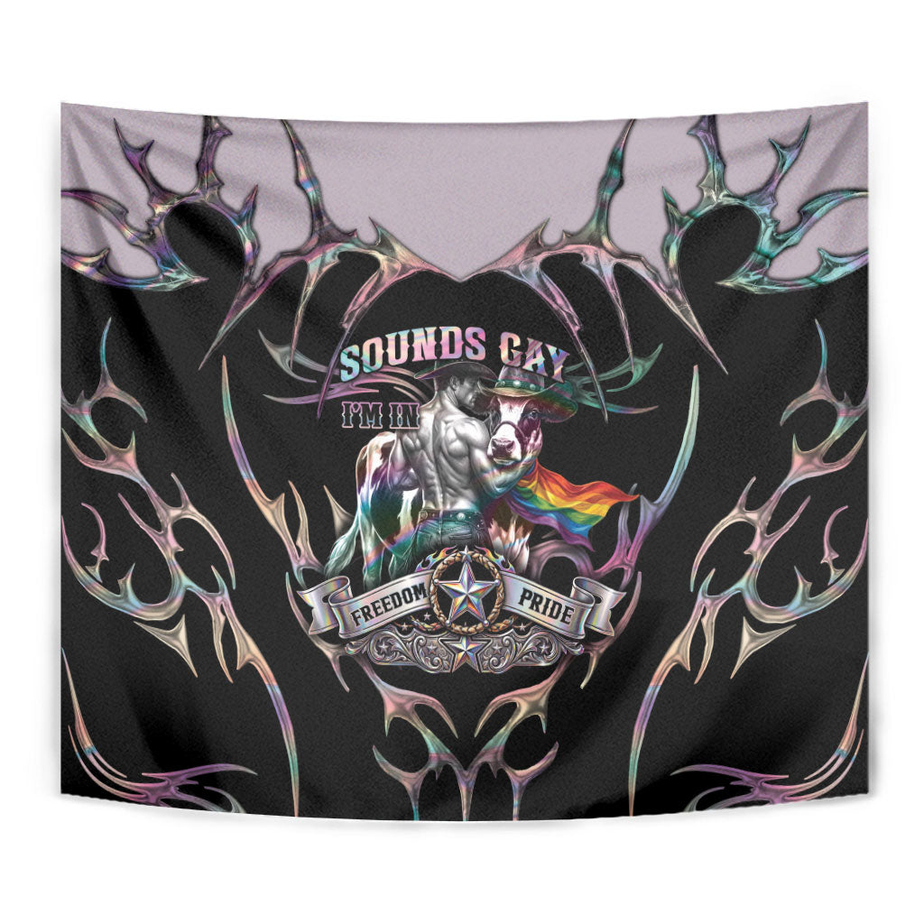 Cowboy Pride Month Sounds Gay Im in Tapestry Y2K Tribal Chrome With Rainbow Scarf Cow Version 2