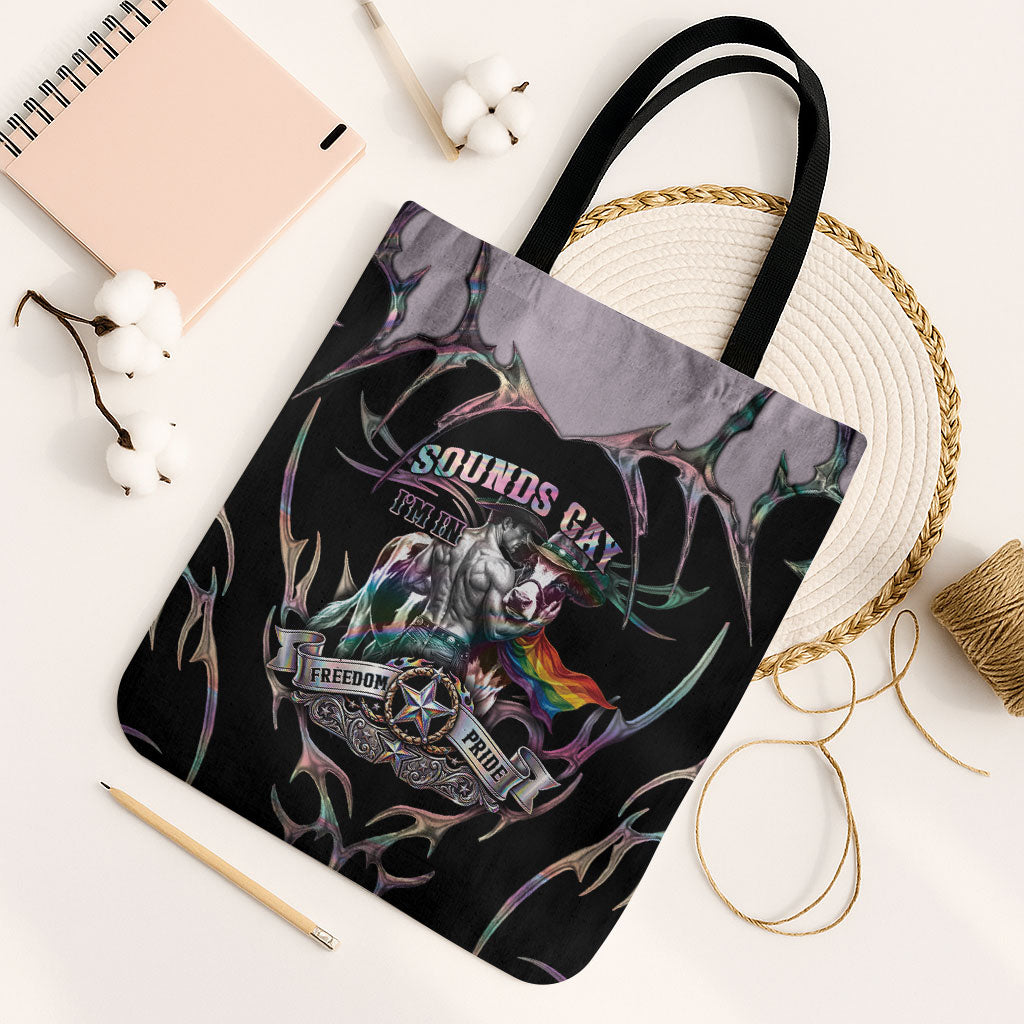 Cowboy Pride Month Sounds Gay Im in Tote Bag Y2K Tribal Chrome With Rainbow Scarf Cow Version 2