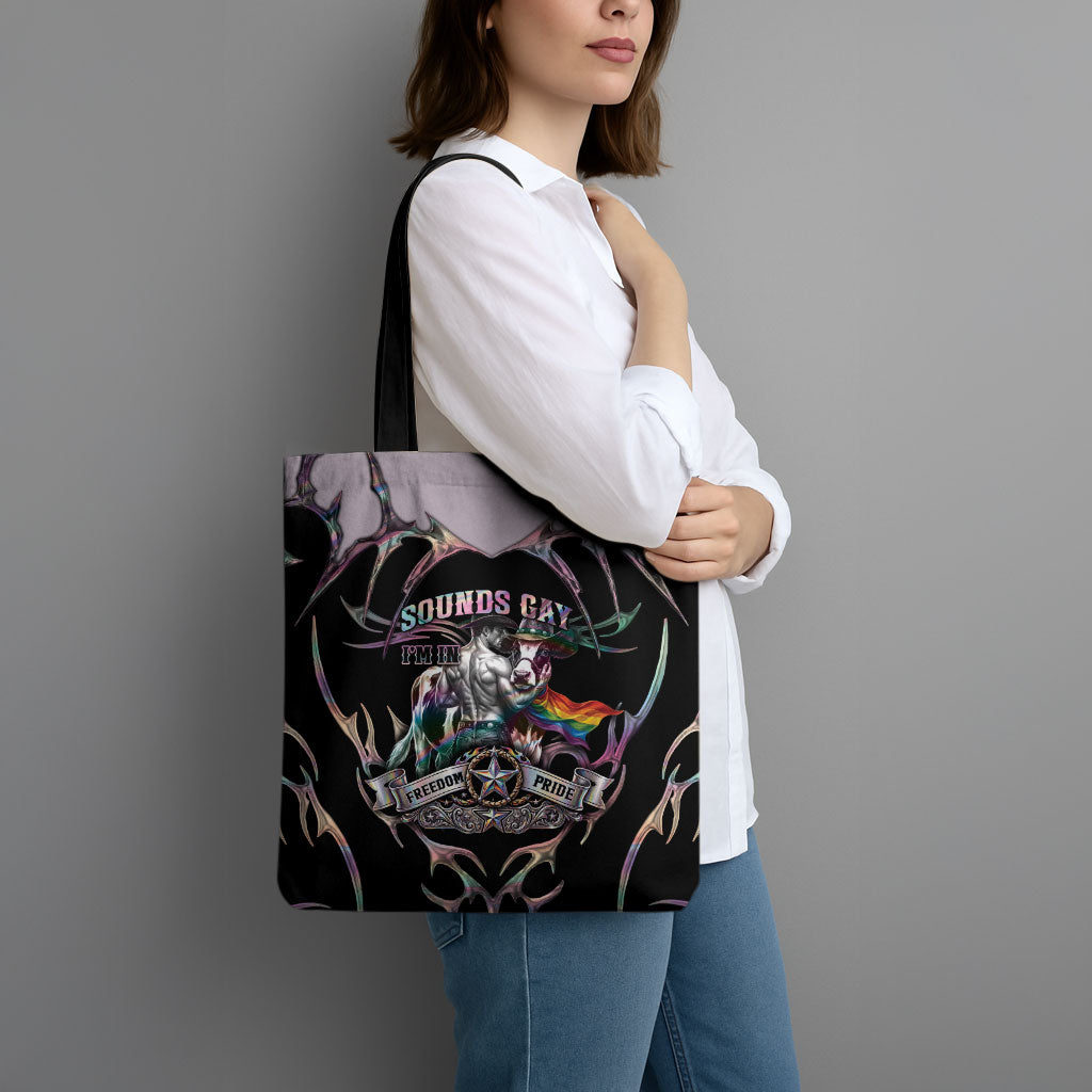 Cowboy Pride Month Sounds Gay Im in Tote Bag Y2K Tribal Chrome With Rainbow Scarf Cow Version 2