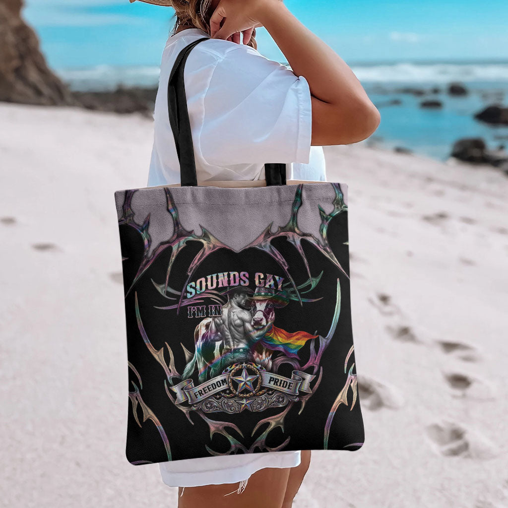 Cowboy Pride Month Sounds Gay Im in Tote Bag Y2K Tribal Chrome With Rainbow Scarf Cow Version 2