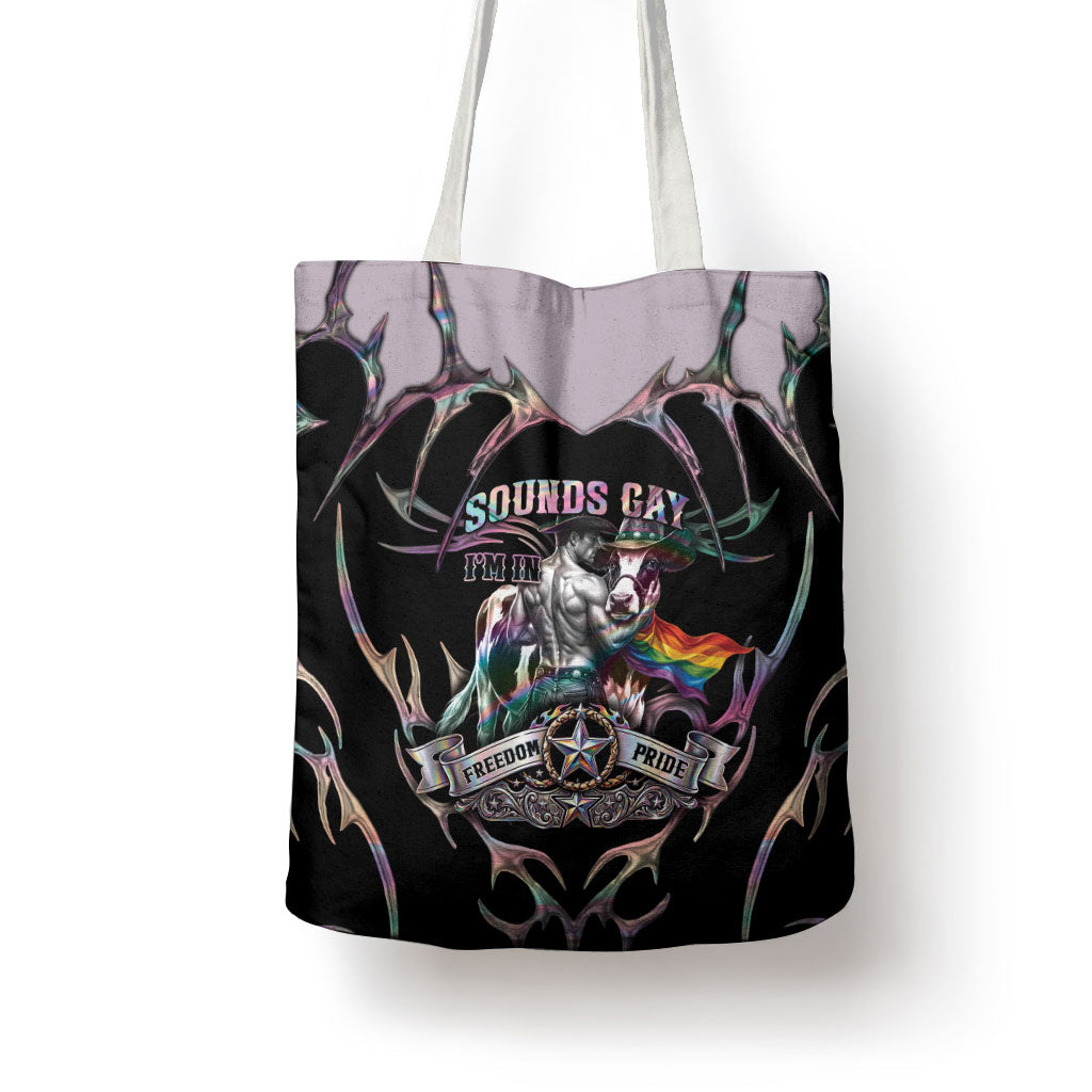 Cowboy Pride Month Sounds Gay Im in Tote Bag Y2K Tribal Chrome With Rainbow Scarf Cow Version 2