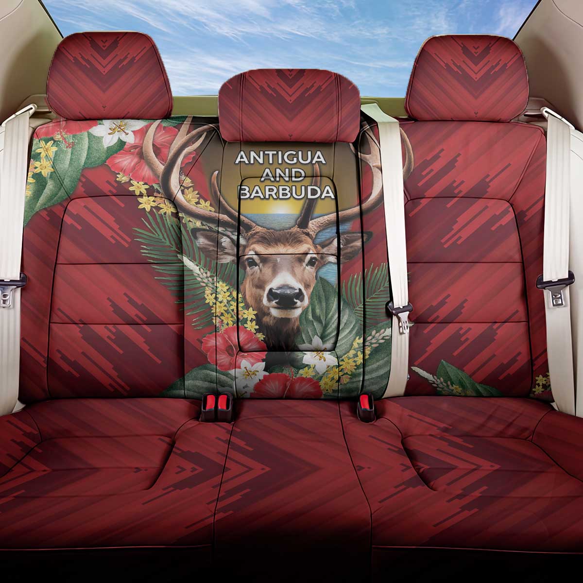 Antigua and Barbuda Back Car Seat Cover Tropical Flowers Stag Deer - Wonder Print Shop