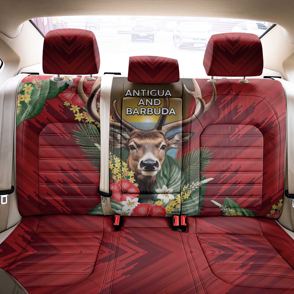Antigua and Barbuda Back Car Seat Cover Tropical Flowers Stag Deer - Wonder Print Shop