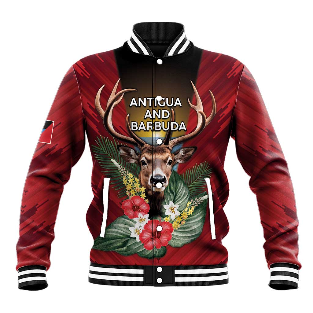 Personalized Antigua and Barbuda Baseball Jacket Tropical Flowers Stag Deer - Wonder Print Shop