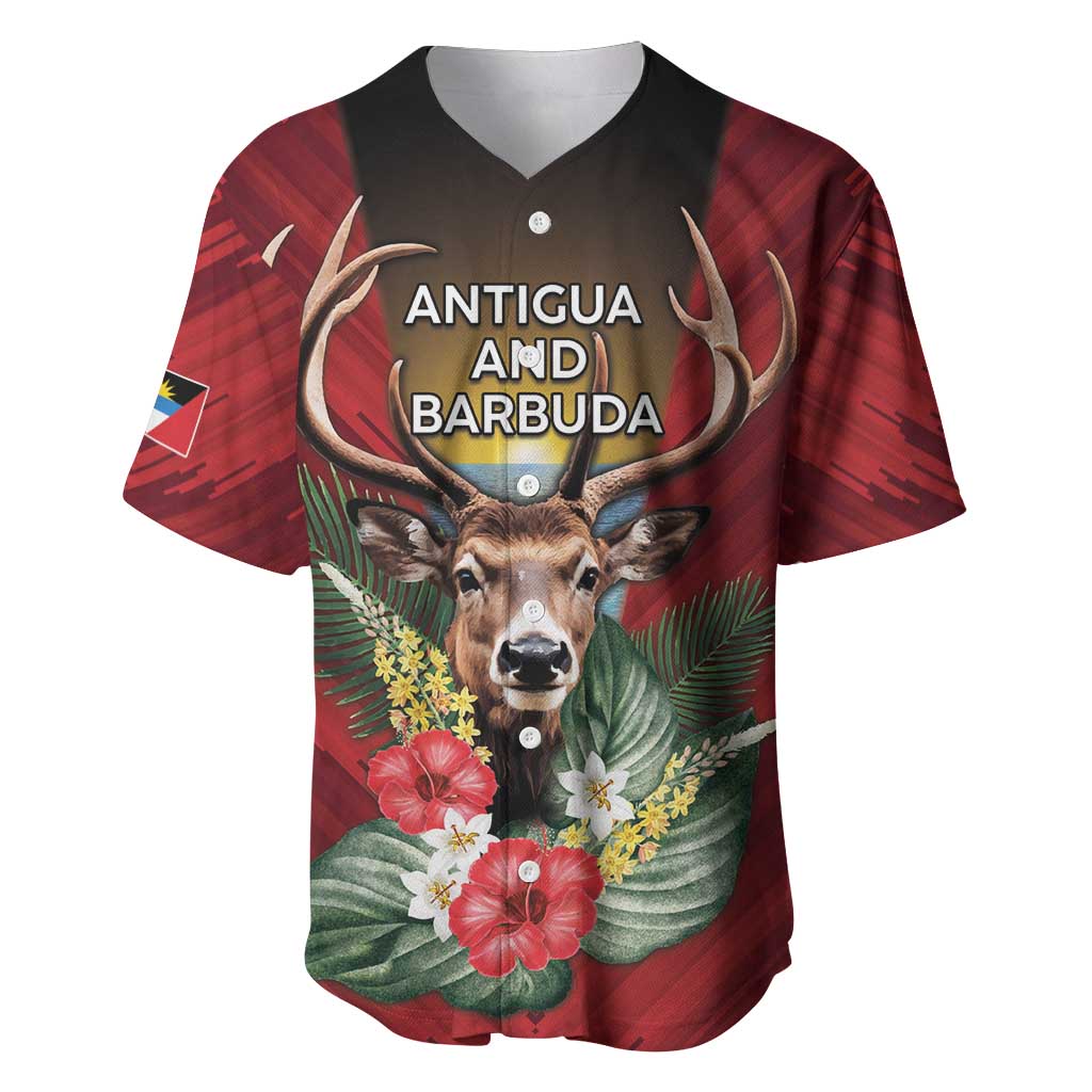 Personalized Antigua and Barbuda Baseball Jersey Tropical Flowers Stag Deer - Wonder Print Shop