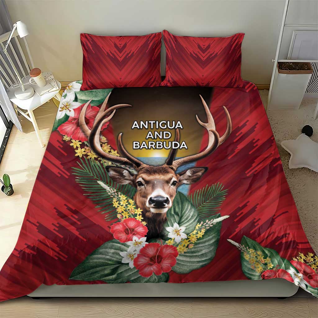 Antigua and Barbuda Bedding Set Tropical Flowers Stag Deer - Wonder Print Shop