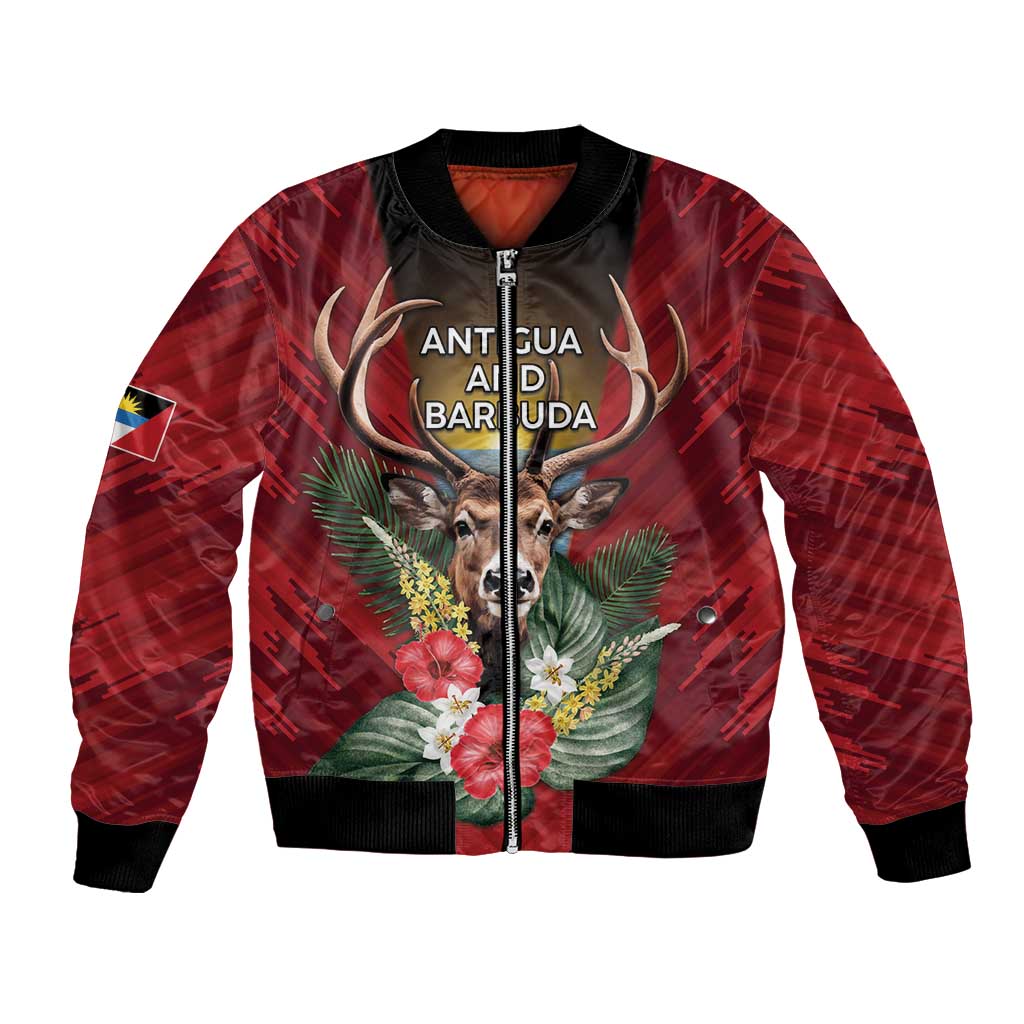 Personalized Antigua and Barbuda Bomber Jacket Tropical Flowers Stag Deer - Wonder Print Shop