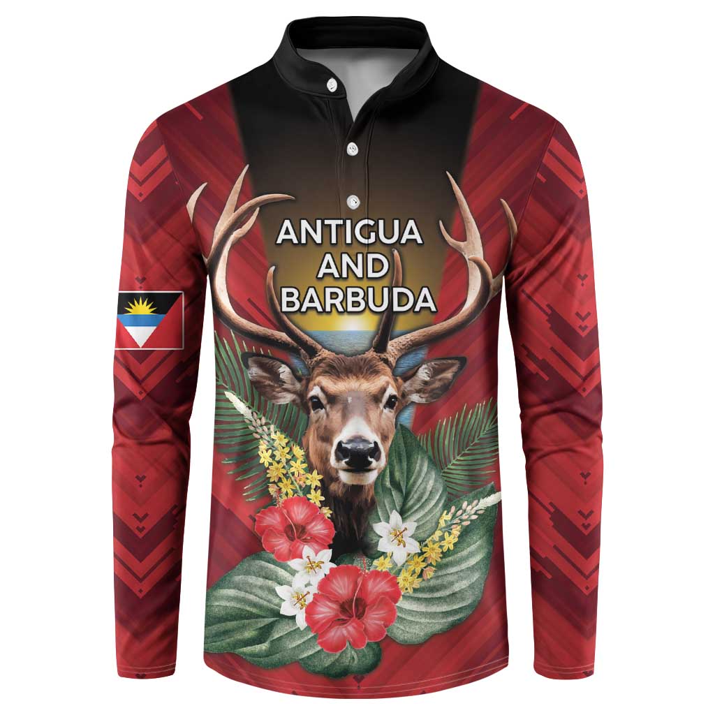 Personalized Antigua and Barbuda Button Sweatshirt Tropical Flowers Stag Deer - Wonder Print Shop