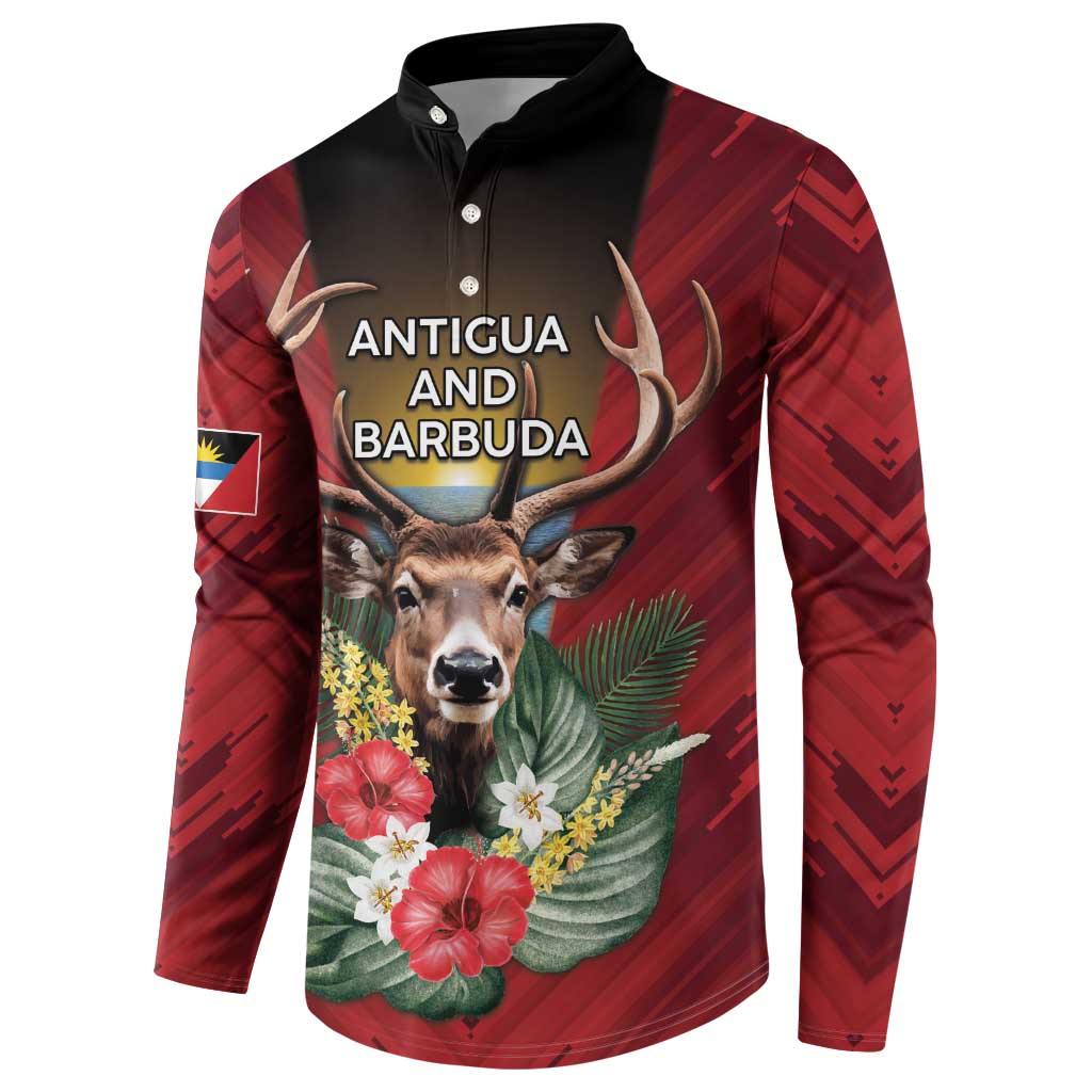 Personalized Antigua and Barbuda Button Sweatshirt Tropical Flowers Stag Deer - Wonder Print Shop