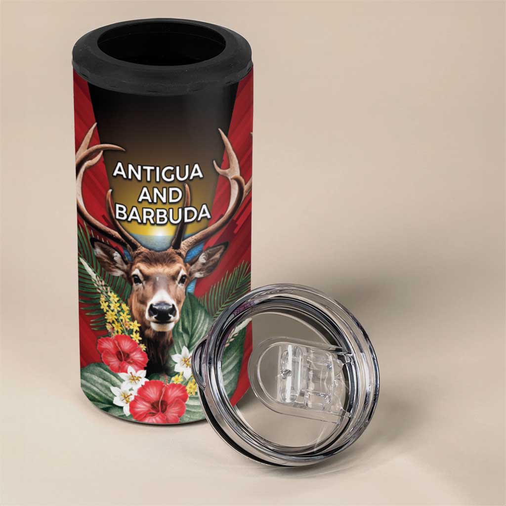 Personalized Antigua and Barbuda 4 in 1 Can Cooler Tumbler Tropical Flowers Stag Deer - Wonder Print Shop