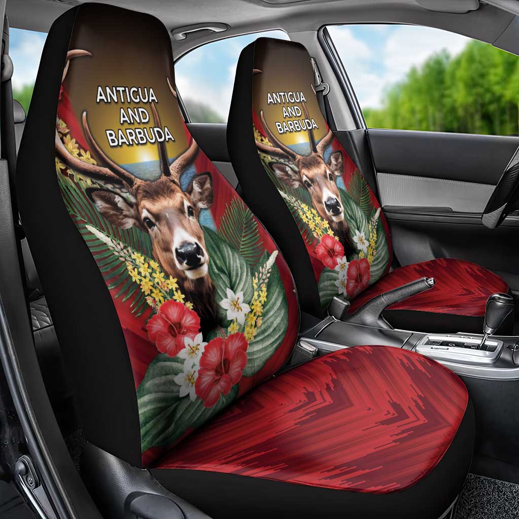 Antigua and Barbuda Car Seat Cover Tropical Flowers Stag Deer - Wonder Print Shop