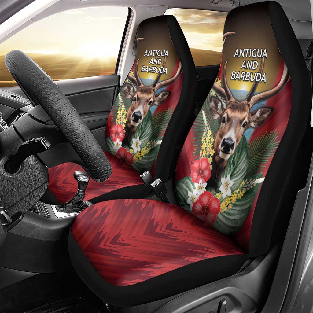 Antigua and Barbuda Car Seat Cover Tropical Flowers Stag Deer - Wonder Print Shop