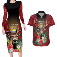 Personalized Antigua and Barbuda Couples Matching Long Sleeve Bodycon Dress and Hawaiian Shirt Tropical Flowers Stag Deer - Wonder Print Shop