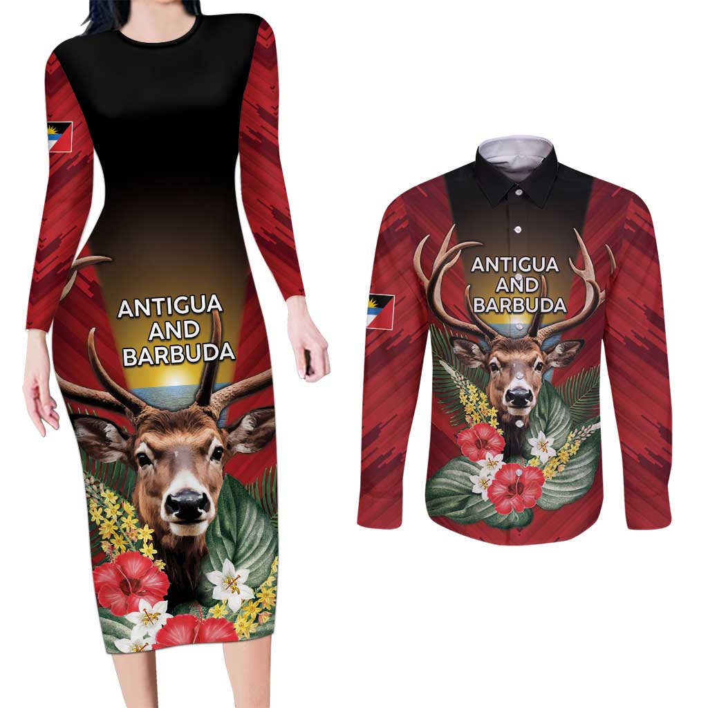 Personalized Antigua and Barbuda Couples Matching Long Sleeve Bodycon Dress and Long Sleeve Button Shirt Tropical Flowers Stag Deer - Wonder Print Shop