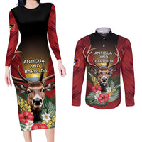 Personalized Antigua and Barbuda Couples Matching Long Sleeve Bodycon Dress and Long Sleeve Button Shirt Tropical Flowers Stag Deer - Wonder Print Shop
