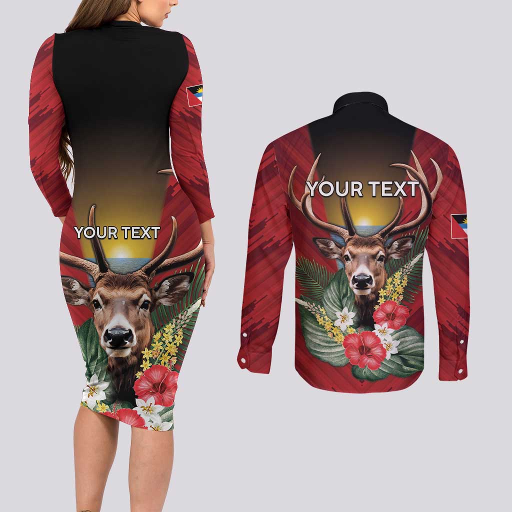 Personalized Antigua and Barbuda Couples Matching Long Sleeve Bodycon Dress and Long Sleeve Button Shirt Tropical Flowers Stag Deer - Wonder Print Shop
